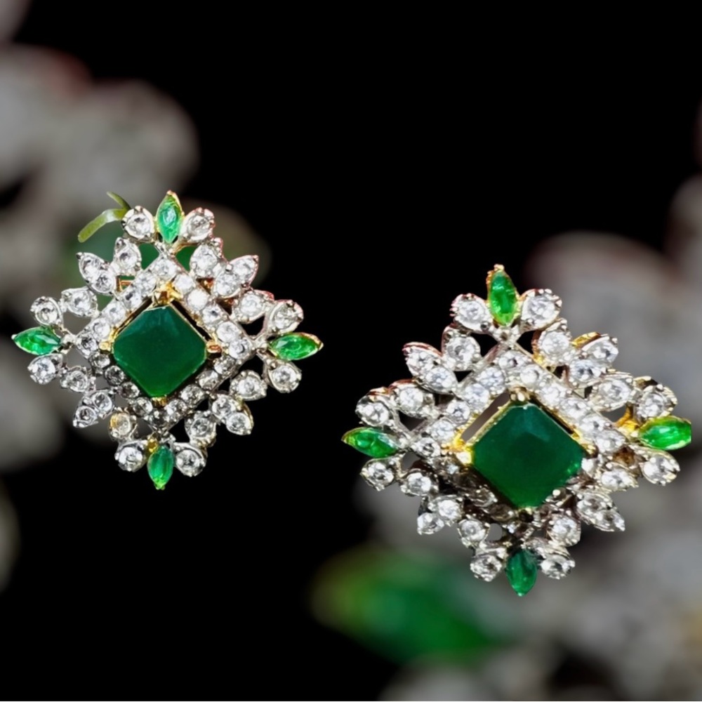 Square green and golden silver earring studs